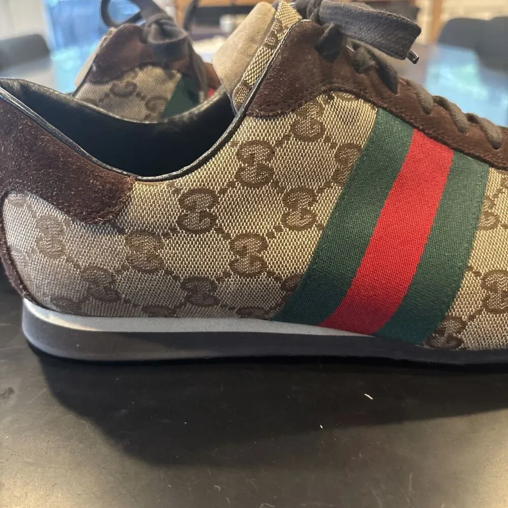 Vintage Gucci 117711 GG Canvas Web Stripe Suede Sneakers Mens US 11.5 Made Italy
